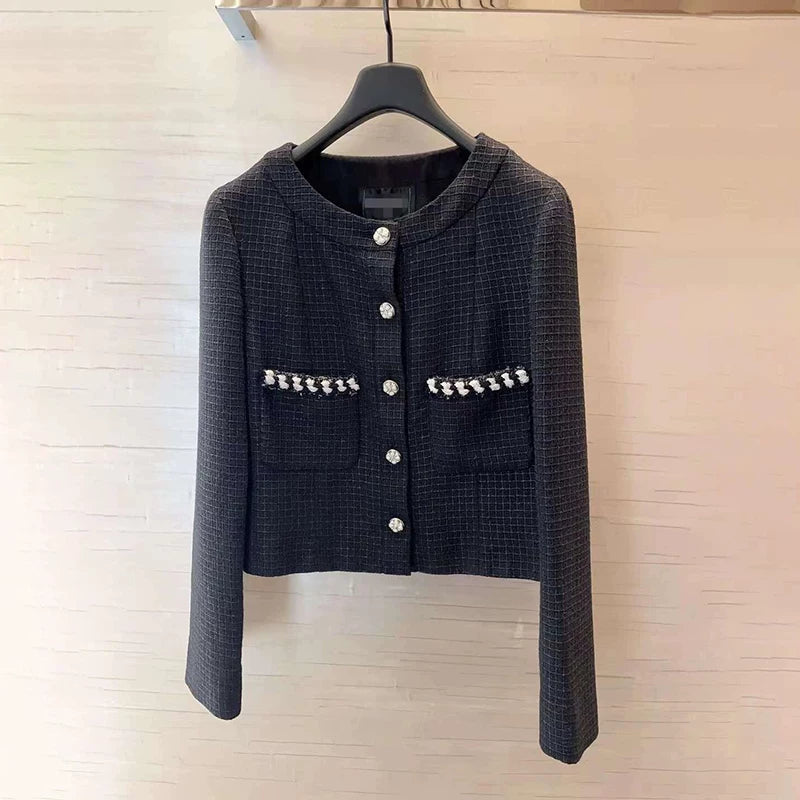 Jin Zhini has the same short coat, socialite temperament, round neck, long sleeve, high-end wool tweed top.