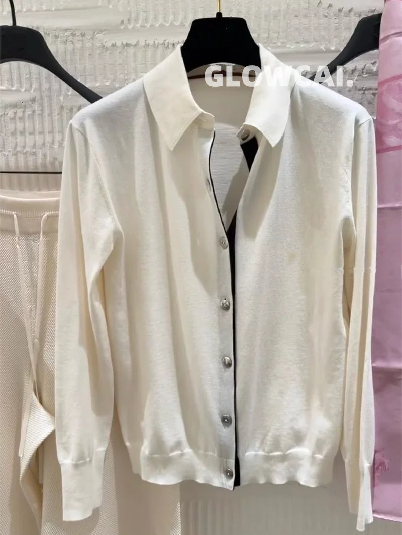 Spring and summer 26ss June 26s fragrant spring and summer simple temperament white polo collar lapel long-sleeved knitted sweater + skirt umbrella skirt two-piece set