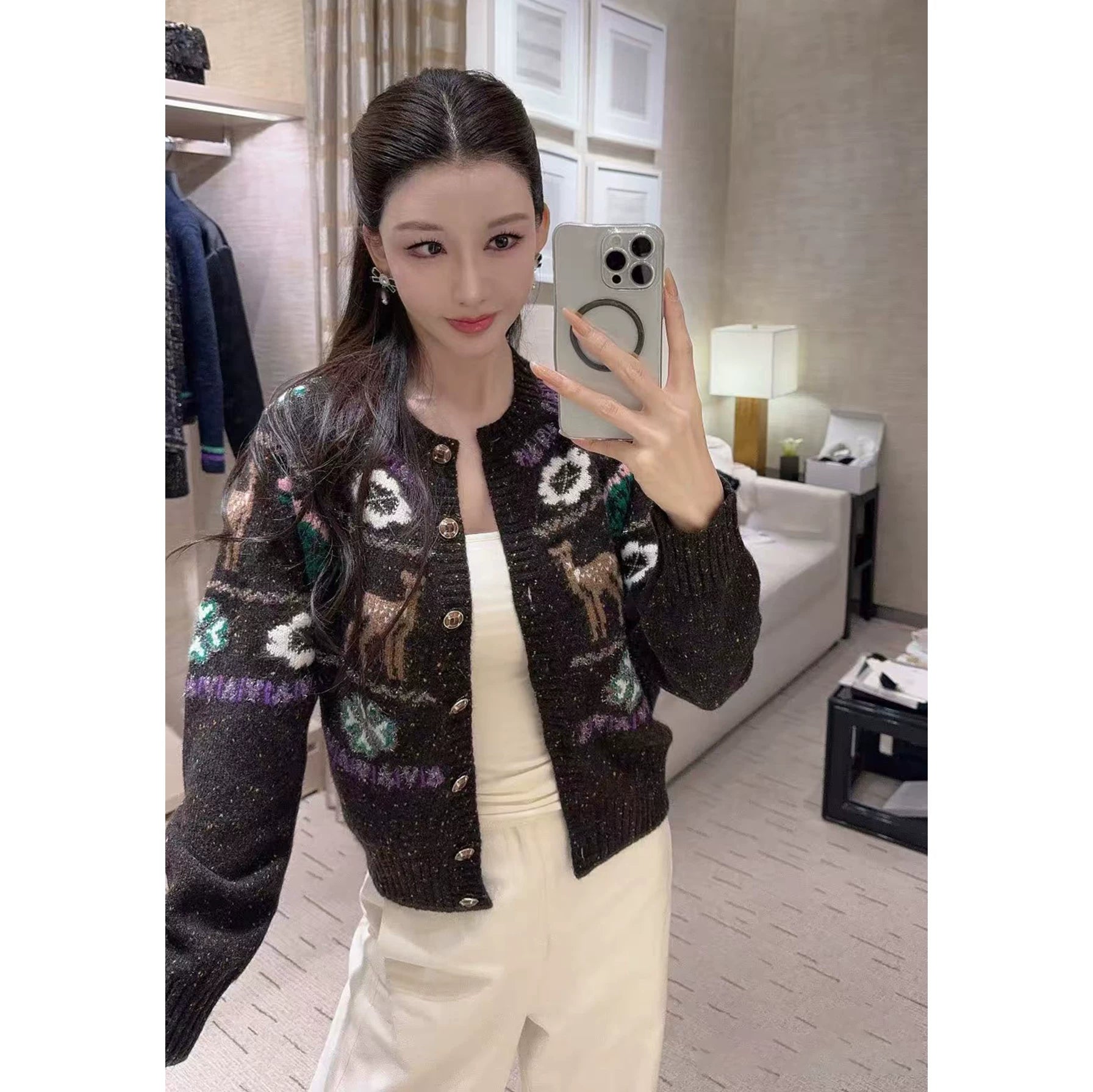 2025 autumn and winter heavy industry animal snowflake multi-element embroidery ski cashmere brown knitted cardigan pullover long sleeve