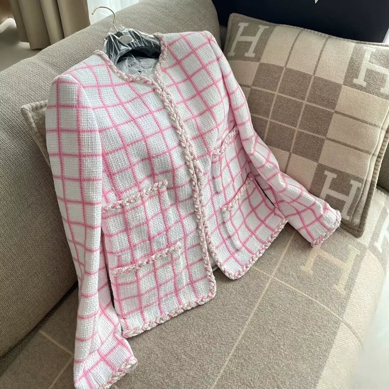 Chic celebrity coat women, high-end short pink plaid cardigan crew neck top temperament women's clothing