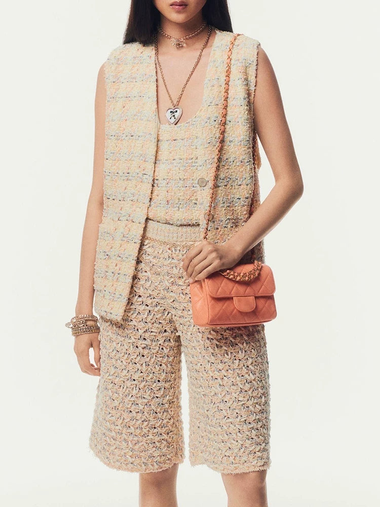 25 New vest women's vest V-neck loose medium and long sleeveless jacket wool tweed woven women's clothing