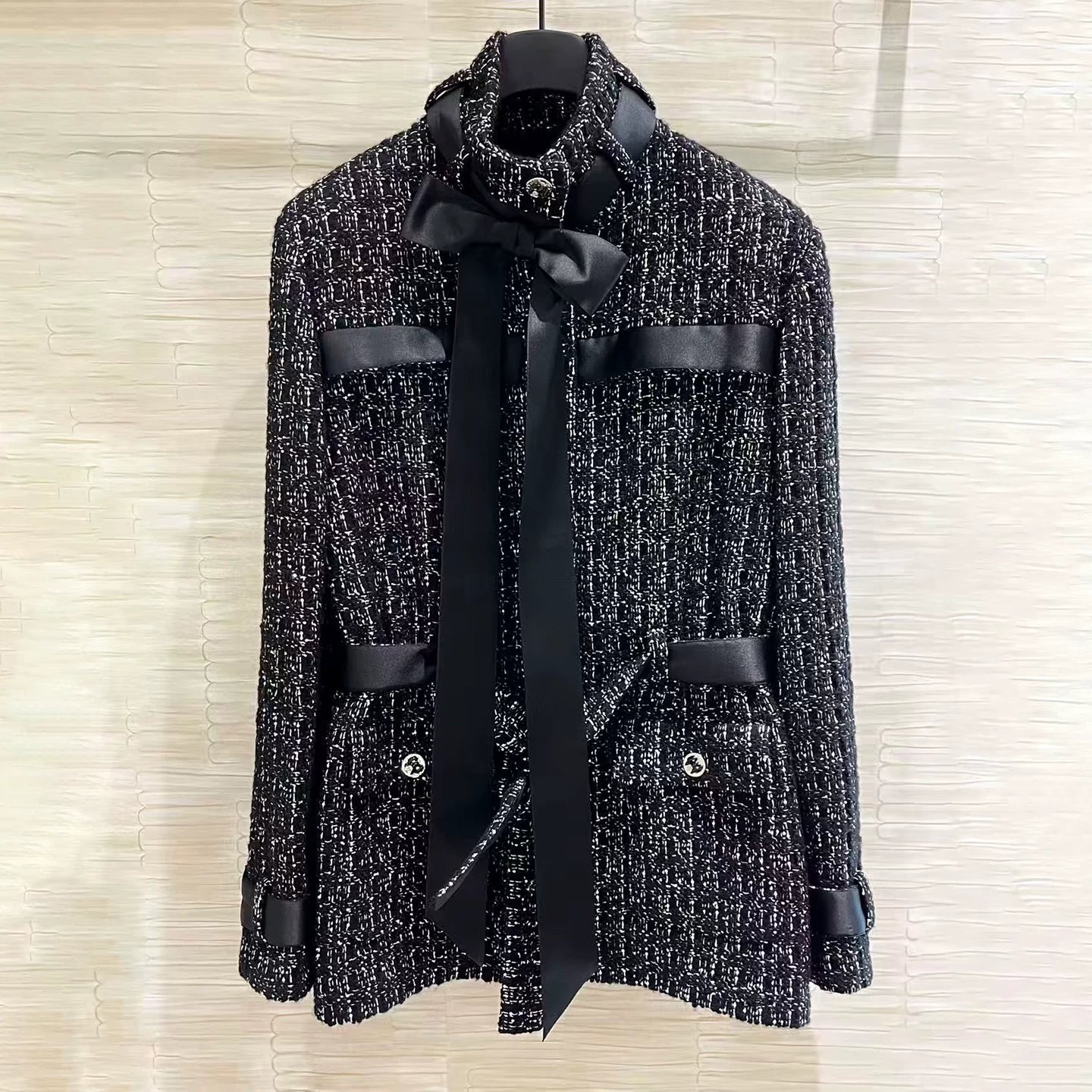 Black tweed stand-up collar jacket women's medium and long ribbon collar waist lady coat new for autumn and winter