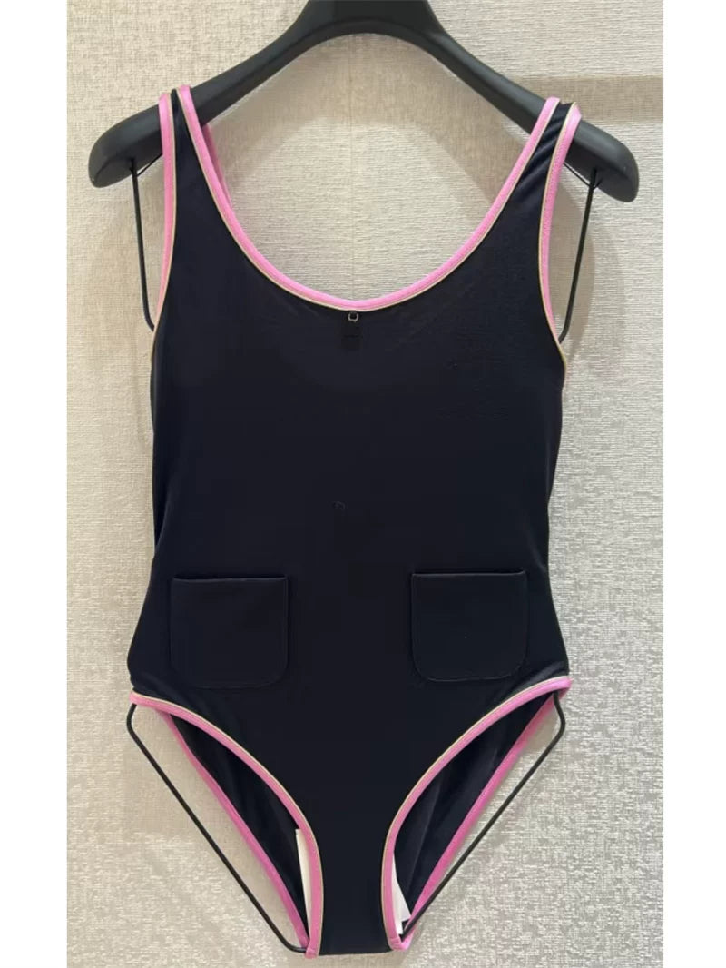 Spring and summer 26ss June 25M beach series spring and summer vacation style contrasting color one-piece swimsuit wearing sexy halter sling vest