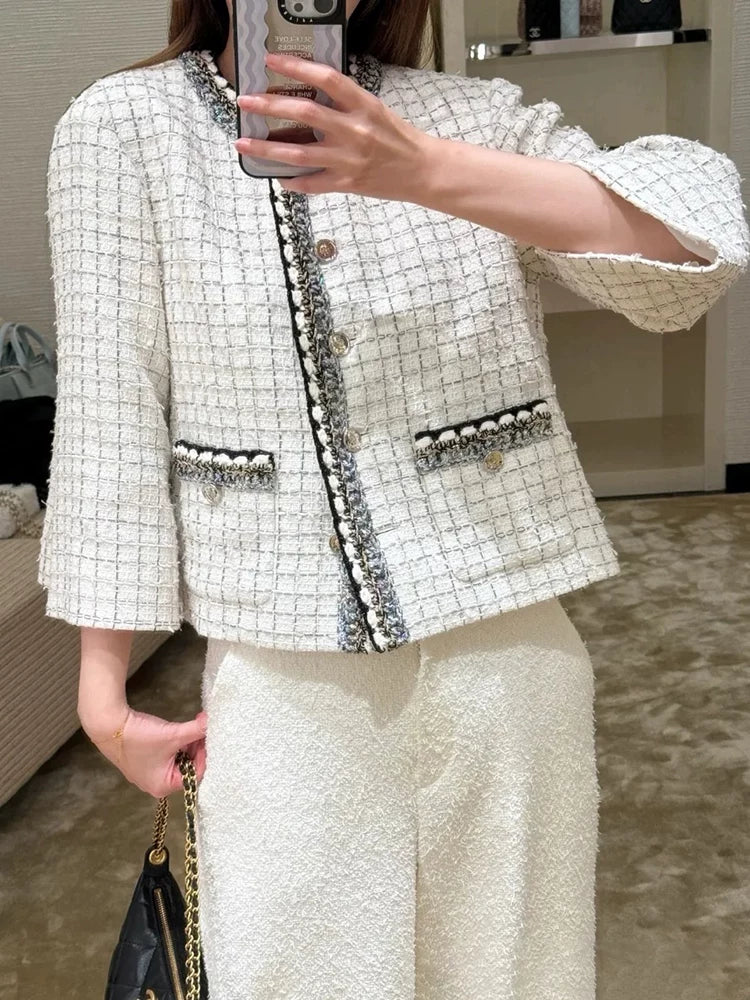 Spring and summer new celebrity suit jacket seven-quarter sleeve cape skirt wool tweed woven two-piece set
