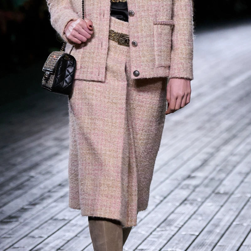 Autumn and winter haute couture coat women's light pink dark compartment four pockets tweed jacket skirt socialite temperament suit