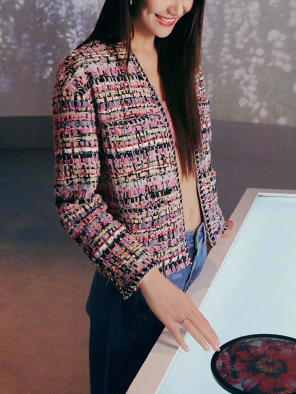 Early spring new Liu Wen same wool tweed short coat women's pink plaid striped woven top