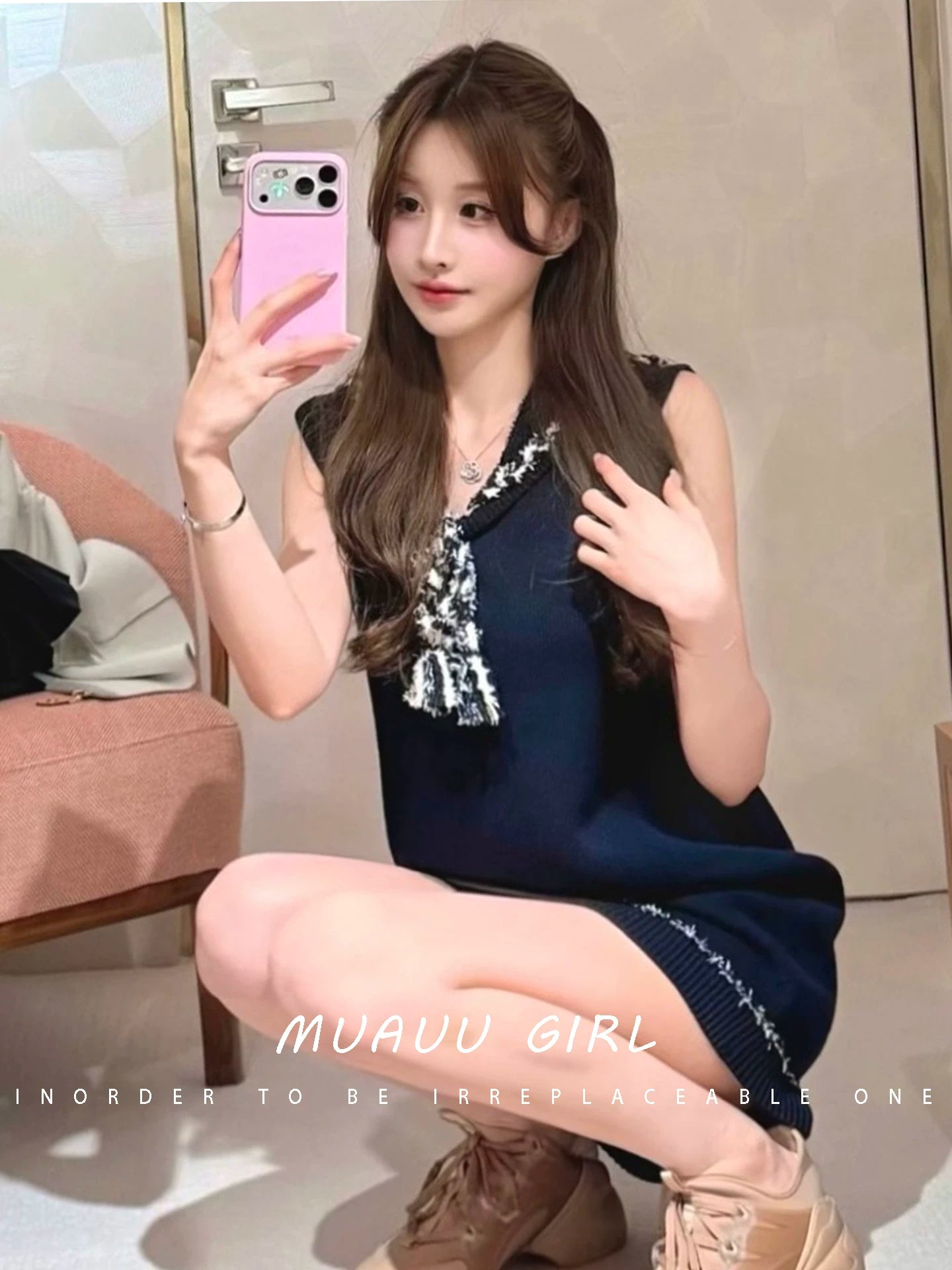 Spring and summer 26ss June MUAUU GIRL super fire daughter feeling! 26S navy collar letter embroidered sleeveless knitted dress
