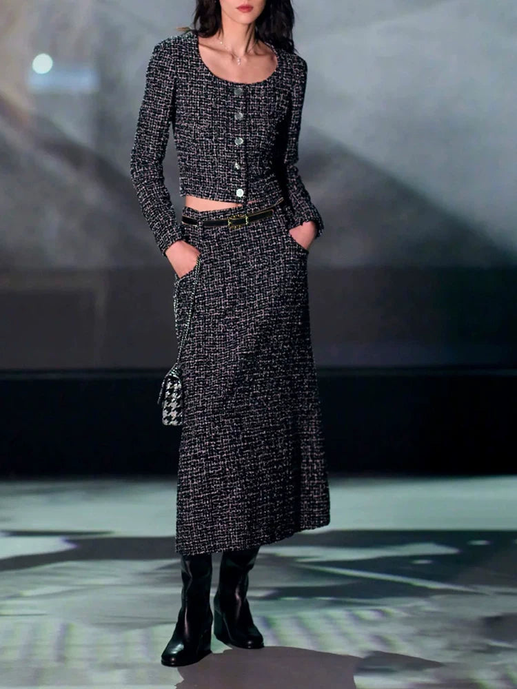 Star Liu Wen same suit jacket long sleeve round neck skirt celebrity temperament wool tweed two-piece set