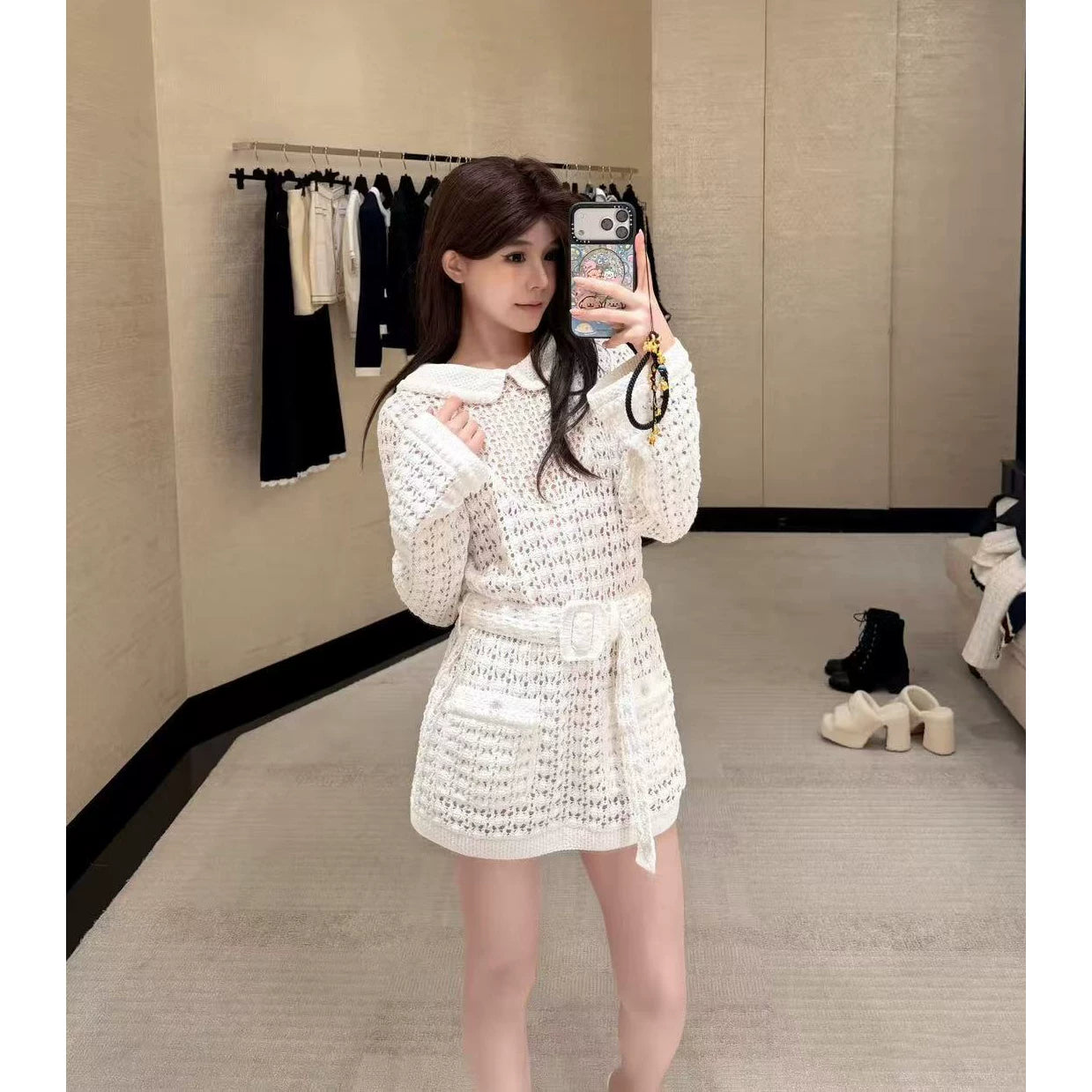 2025 autumn and winter contrasting colors heavy industry premium doll collar white crochet hollow knitted long sleeves + high waist wide leg pants women