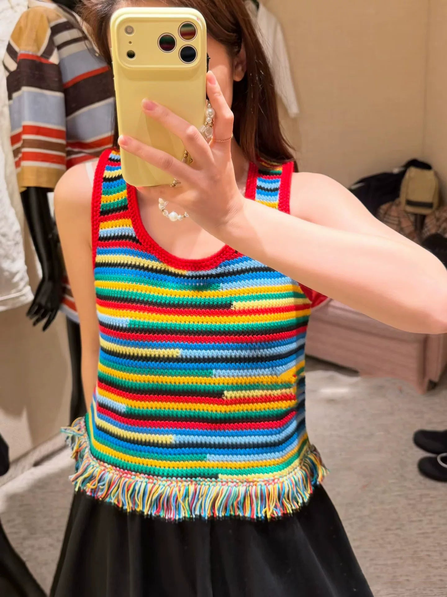Spring and summer 26ss June, Nanyou 2026 spring and summer new color striped unique fringed versatile fashion knitted vest suspender + skirt