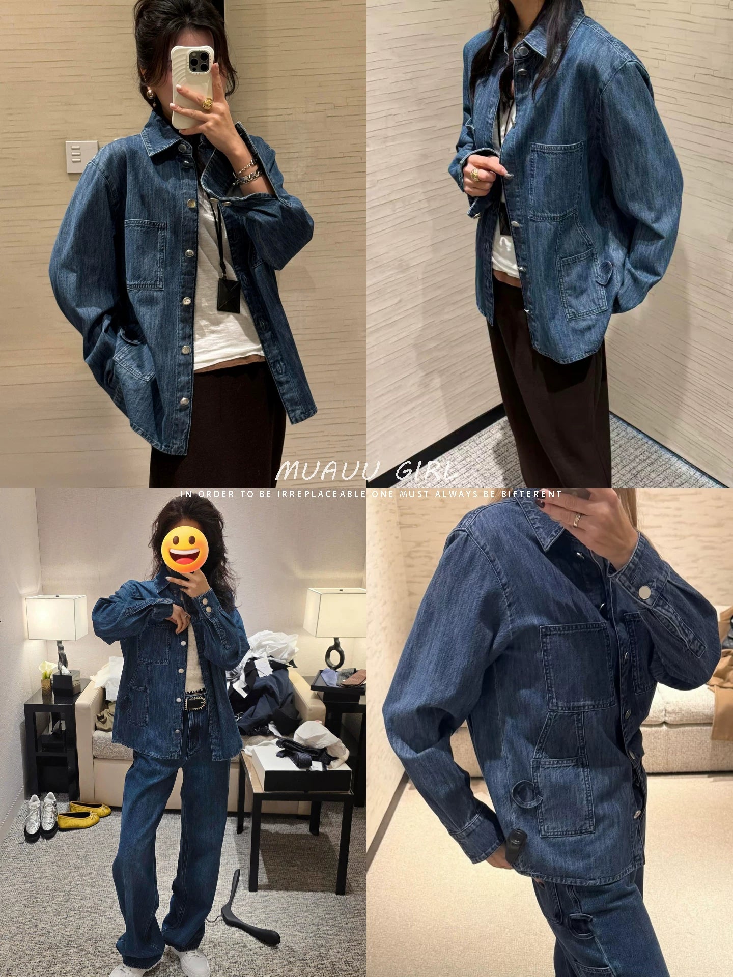 Spring and summer 26ss June MUAUU GIRL 3.25/star with the same 26S heavy original beef washed summer tooling shirt denim jacket
