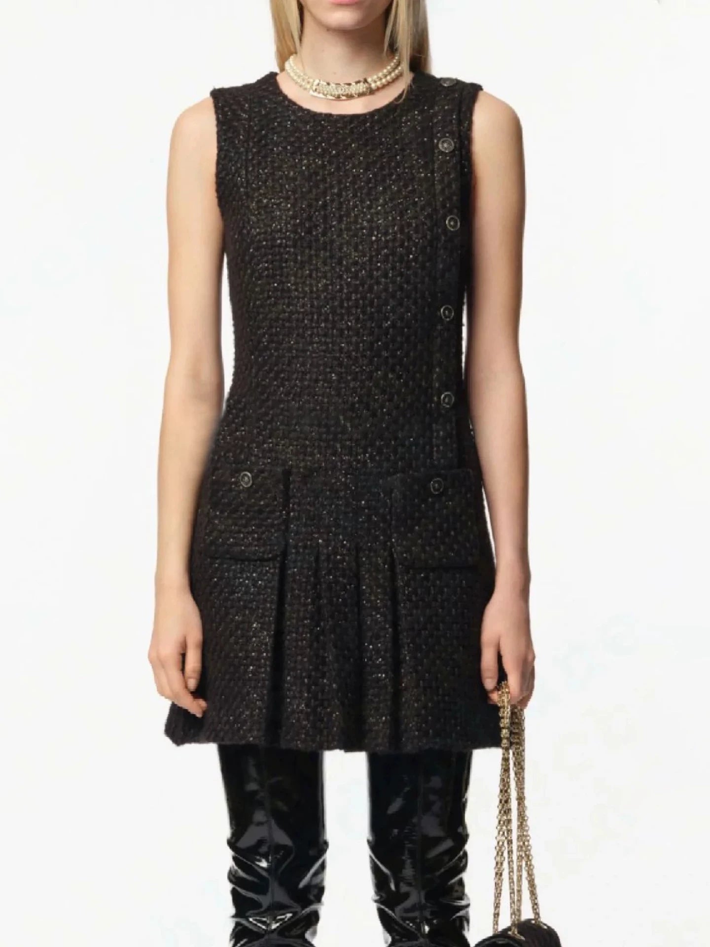 Dress women's light luxury high sense autumn and winter new wool suit national style buckle black gold coat versatile