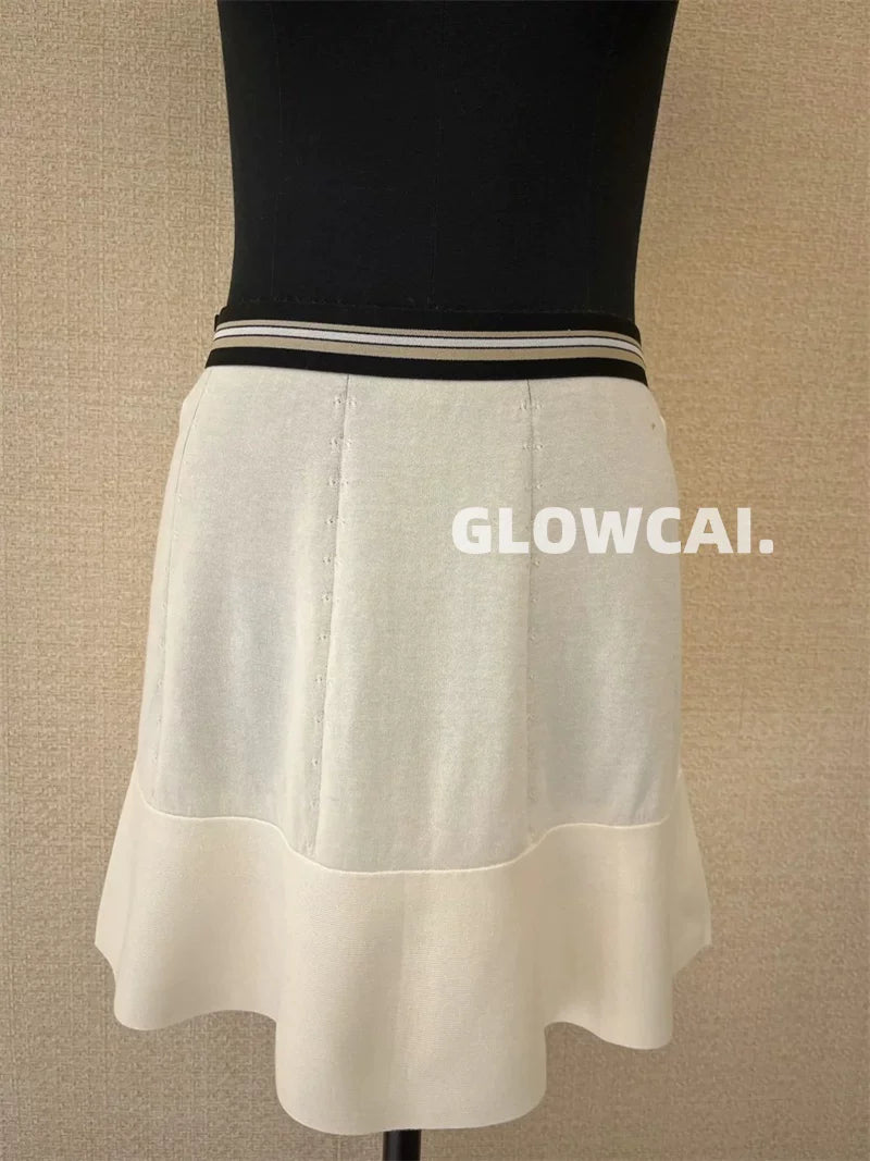 Spring and summer 26ss June 26s fragrant spring and summer simple temperament white polo collar lapel long-sleeved knitted sweater + skirt umbrella skirt two-piece set