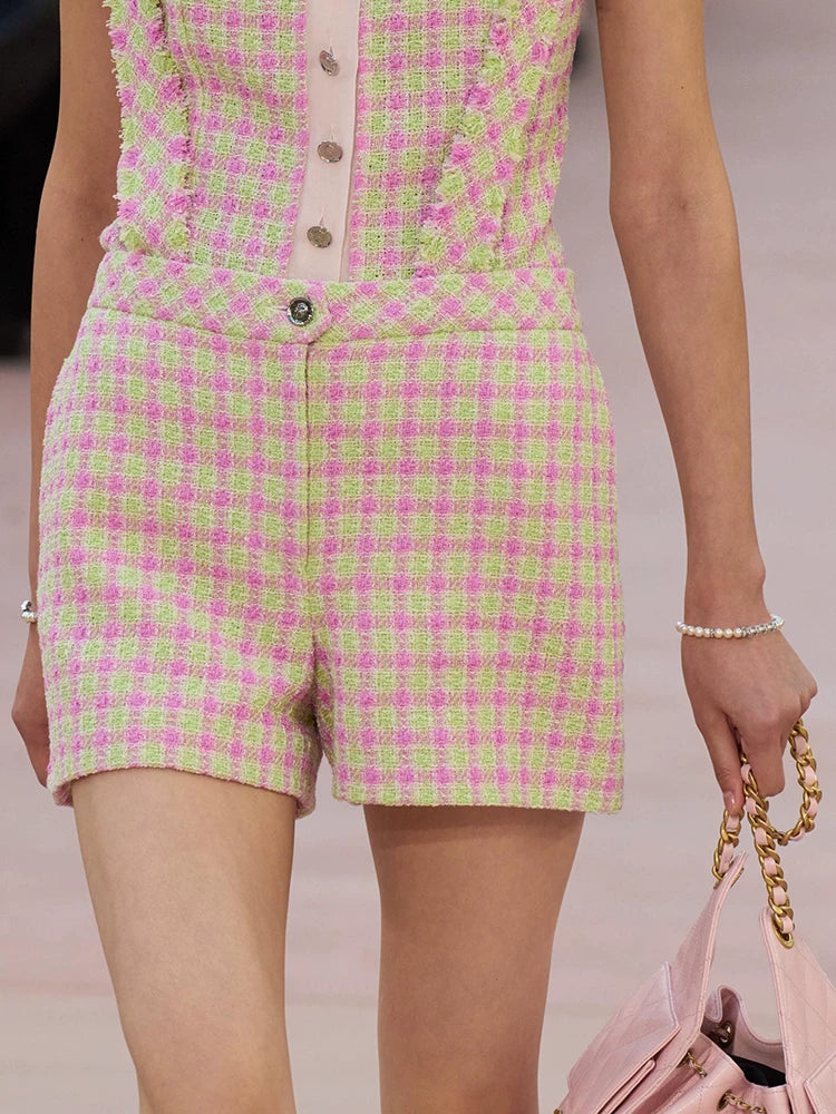 Summer new celebrity suit overalls shorts shirt pink grid wool tweed temperament two-piece women's clothing