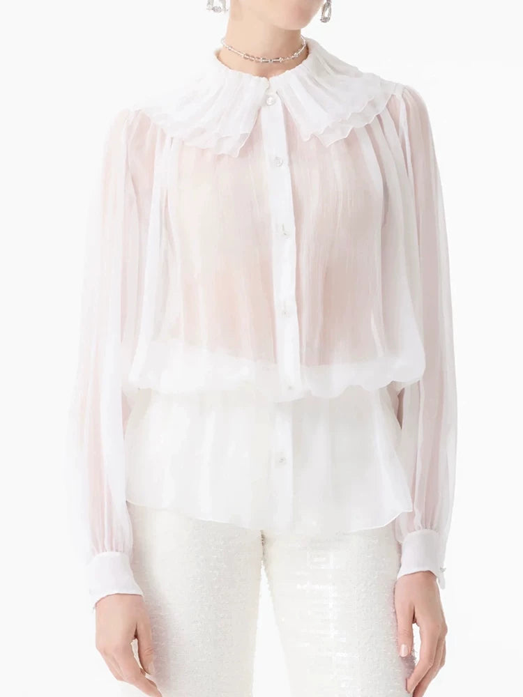 Silk shirt women's loose double-layer lotus leaf collar sexy perspective waist mulberry silk long-sleeved shirt sun protection