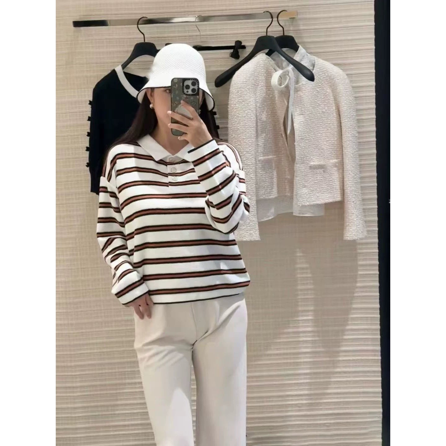 2025 autumn and winter contrasting colors classic age-reducing girl striped polo collar knitted long sleeves + high waist straight wide-leg pants