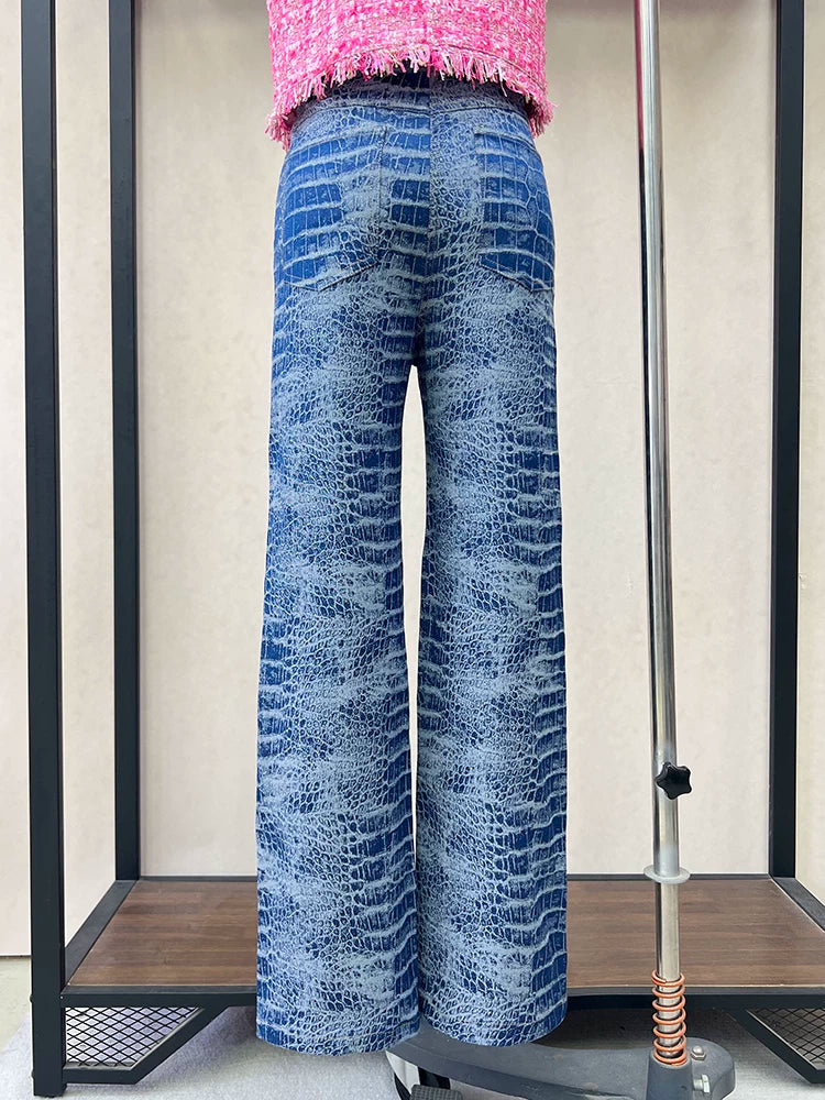 French retro jeans women's 2025 summer loose straight trousers wide-leg trousers snakeskin pattern personalized trendy trousers