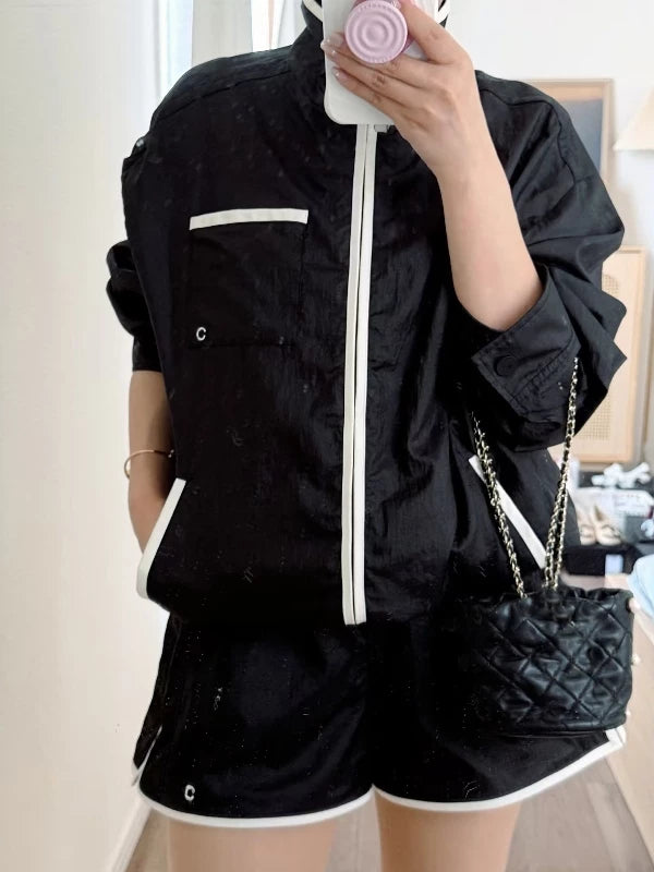 Spring and summer 26ss June, Nanyou haute couture 26M summer beach series white edge contrasting color high waist shorts stand-up collar zipper sunscreen jacket