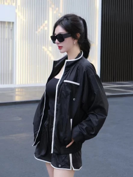 Spring and summer 26ss June, Nanyou haute couture 26M summer beach series white edge contrasting color high waist shorts stand-up collar zipper sunscreen jacket