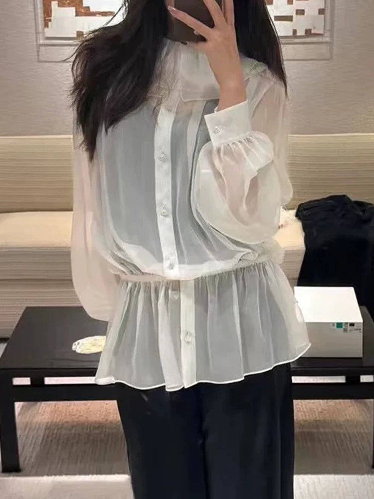 Silk shirt women's loose double-layer lotus leaf collar sexy perspective waist mulberry silk long-sleeved shirt sun protection