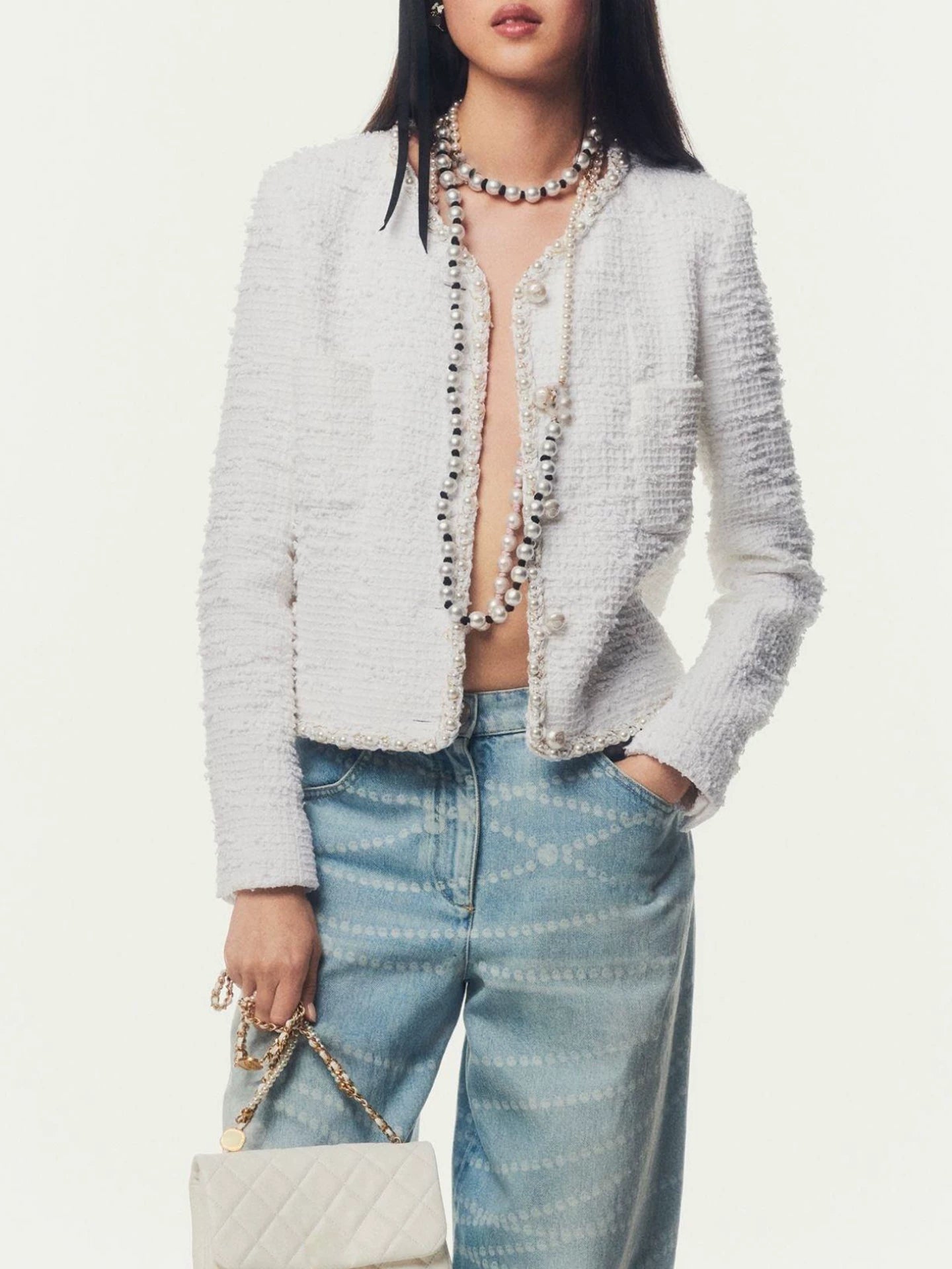 25 spring and summer pearl tweed coat femininity versatile celebrity short top haute couture women's clothing