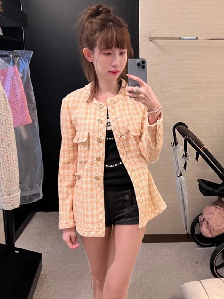 New plaid jacket straight-leg pants celebrity style high-end wool tweed suit two-piece set