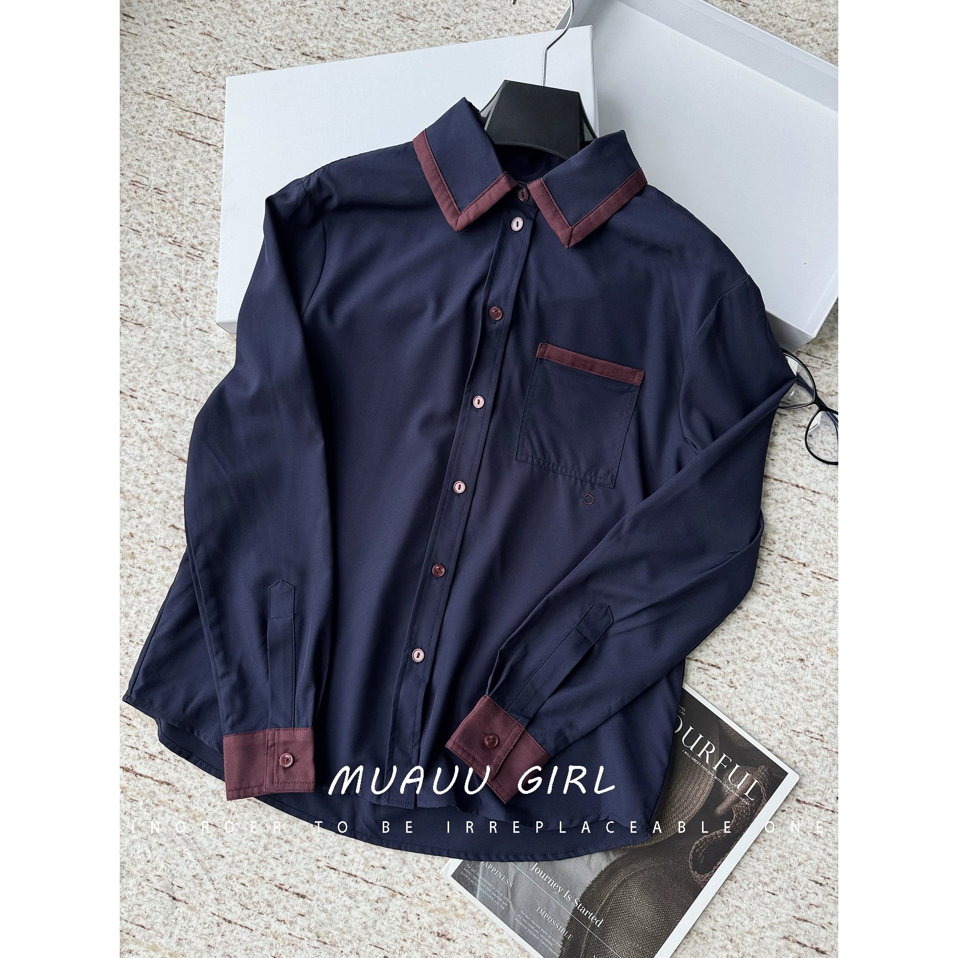 Spring and summer 26ss June MUAUU GIRL Senior Sister Gao Zhi! 26SS commuter style retro contrasting color lapel pocket long-sleeved shirt/vest