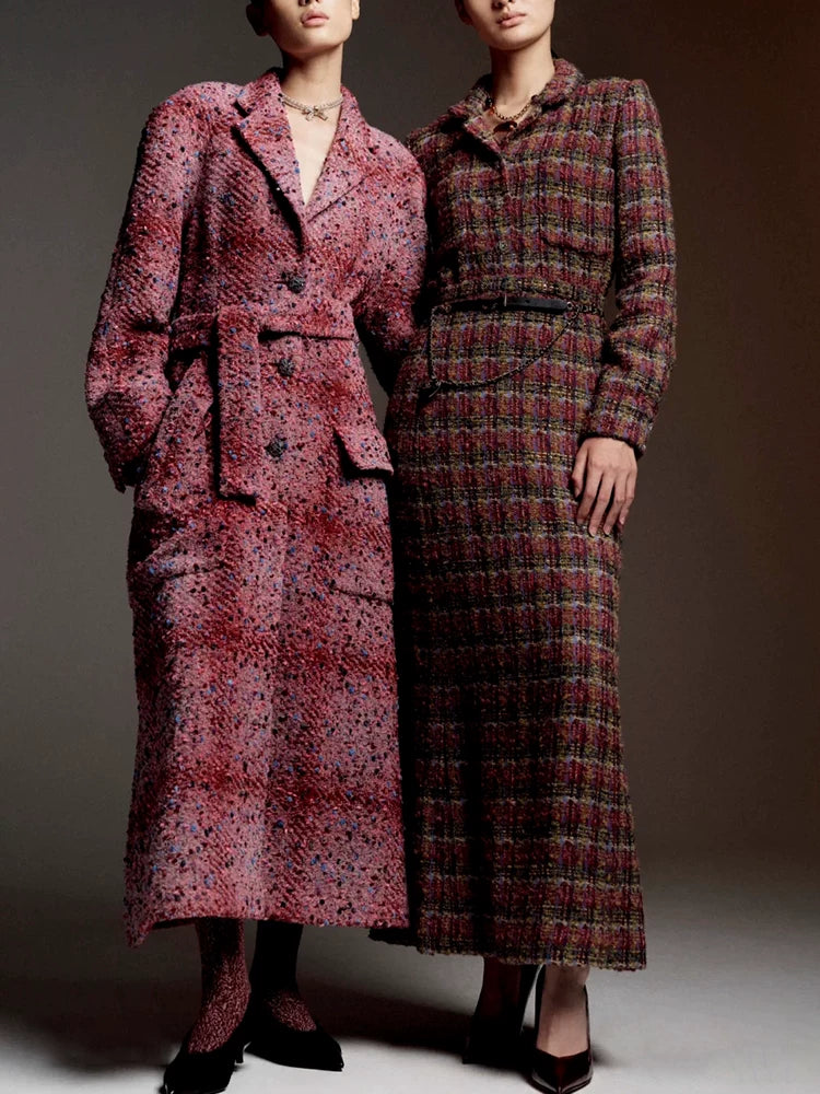 Autumn and winter new wool blended color tweed set, coat skirt, women's long high waist and thin two-piece set