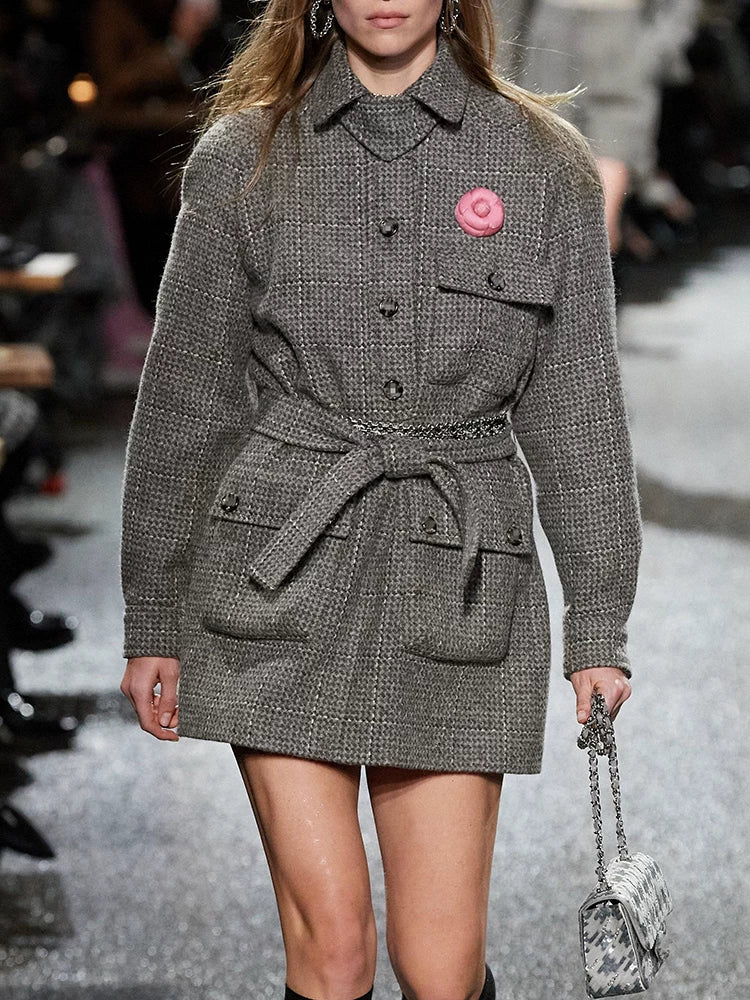 Autumn and winter new coat women's lapel belt gray wool tweed jacket medium and long coat