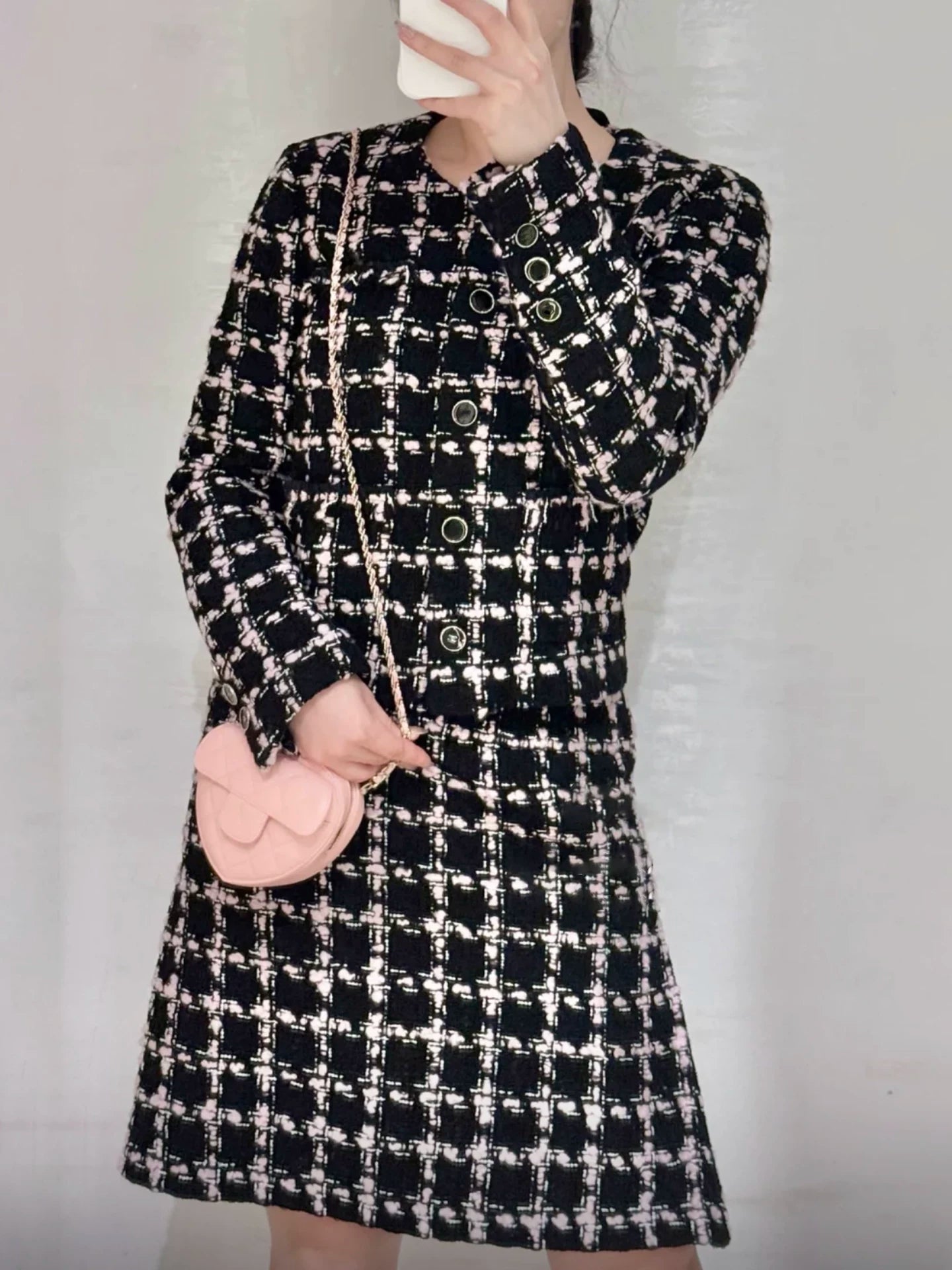 Autumn and winter suit women's short coat half skirt high-end temperament socialite heavy industry woven plaid tweed