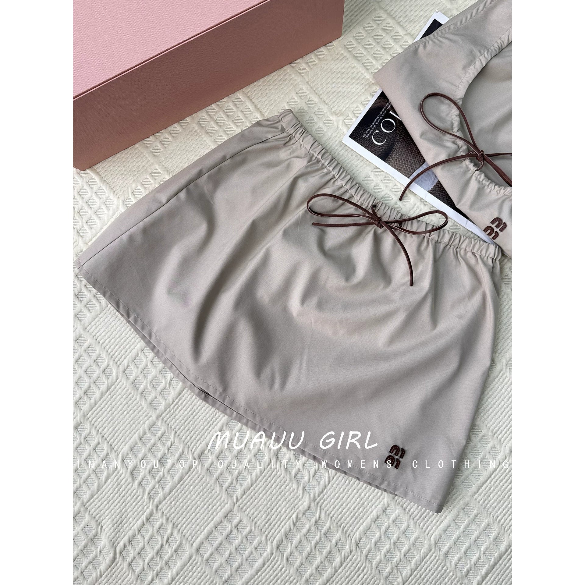 Spring and summer 26ss June MUAUU GIRL pure and lovely! 26S new letter embroidered drawstring lace-up vest + short skirt + dress