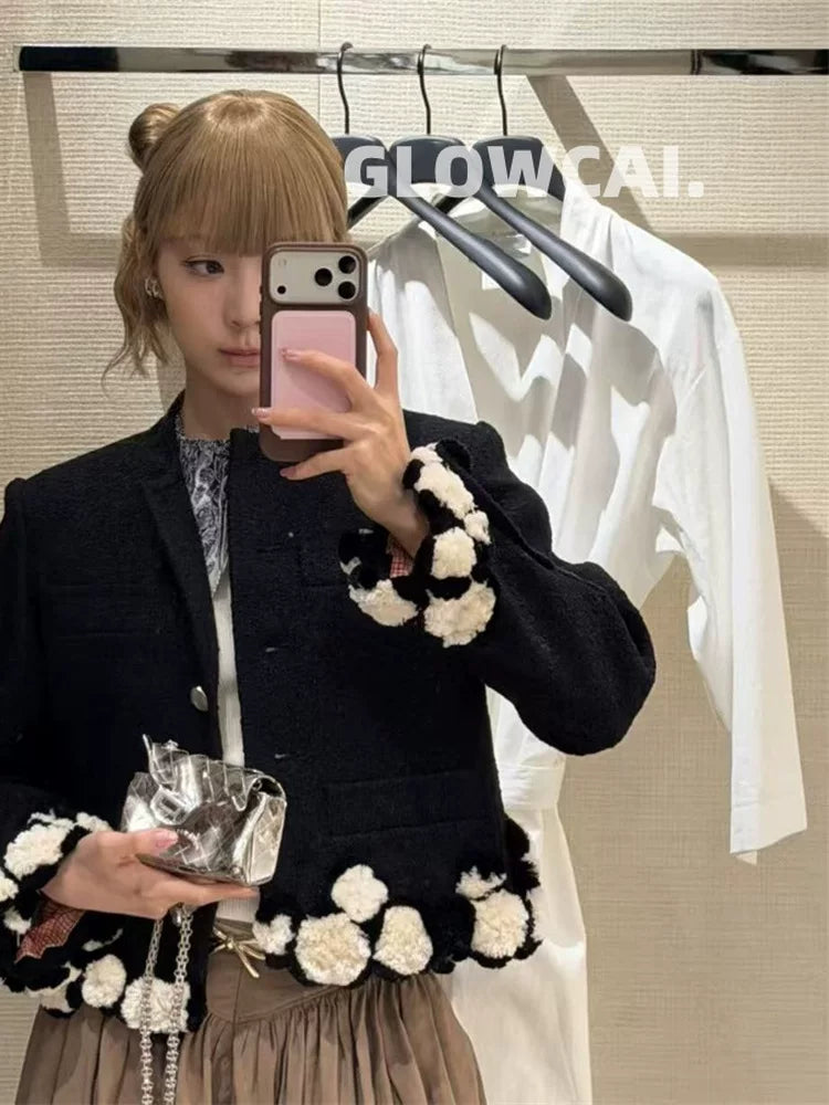 Spring and summer 26ss June 26s fragrant spring and summer new black tweed black and white hairball silver button short black jacket