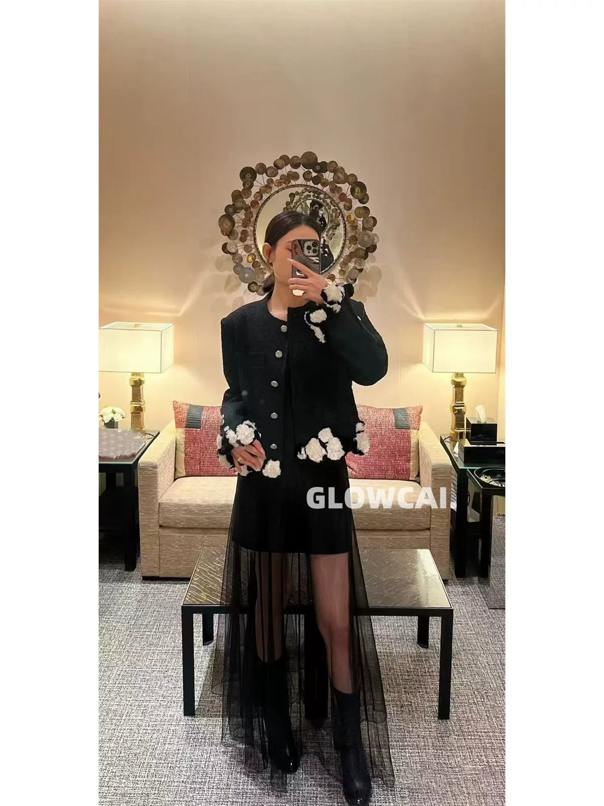 Spring and summer 26ss June 26s fragrant spring and summer new black tweed black and white hairball silver button short black jacket