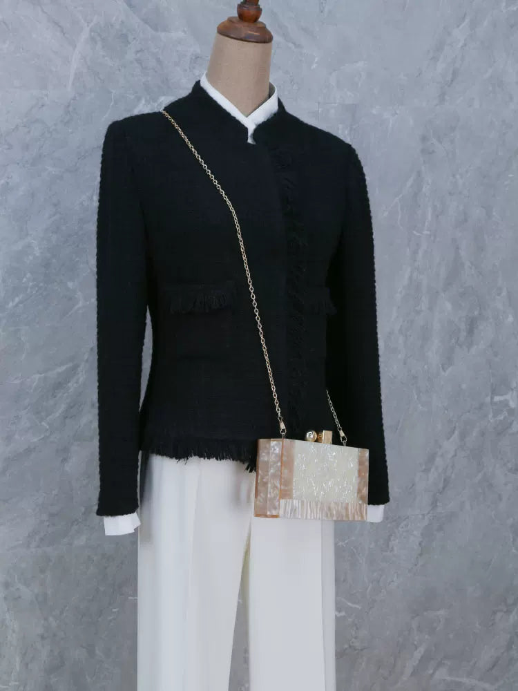 Fake two small fragrant coats female chic socialite new black and white contrasting color long-sleeved wool early autumn tweed short top