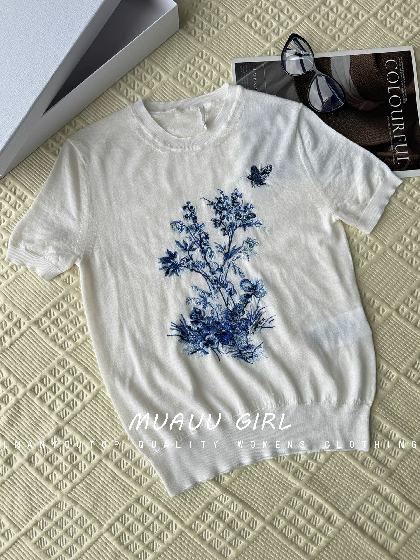 Spring and summer 26ss June MUAUU GIRL upper body is not mediocre! 26S cashmere butterfly flower embroidery crew neck knitted T-shirt top women
