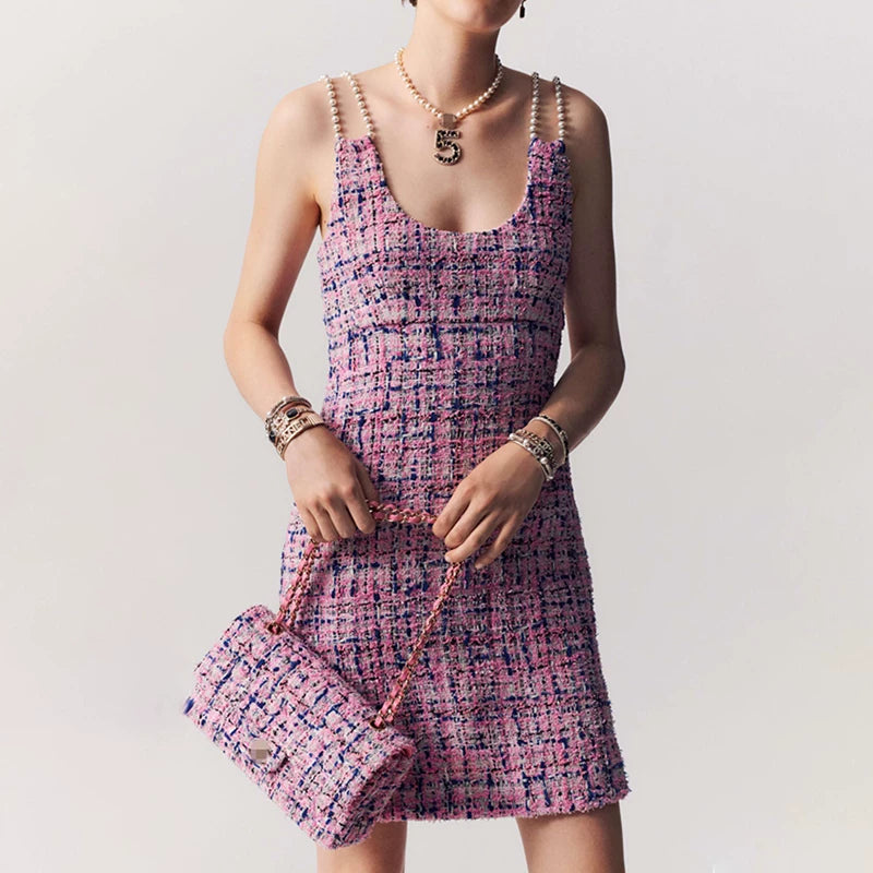 High-end dress women's pearl suspenders pink waist and thin daughter French style celebrity sexy skirt