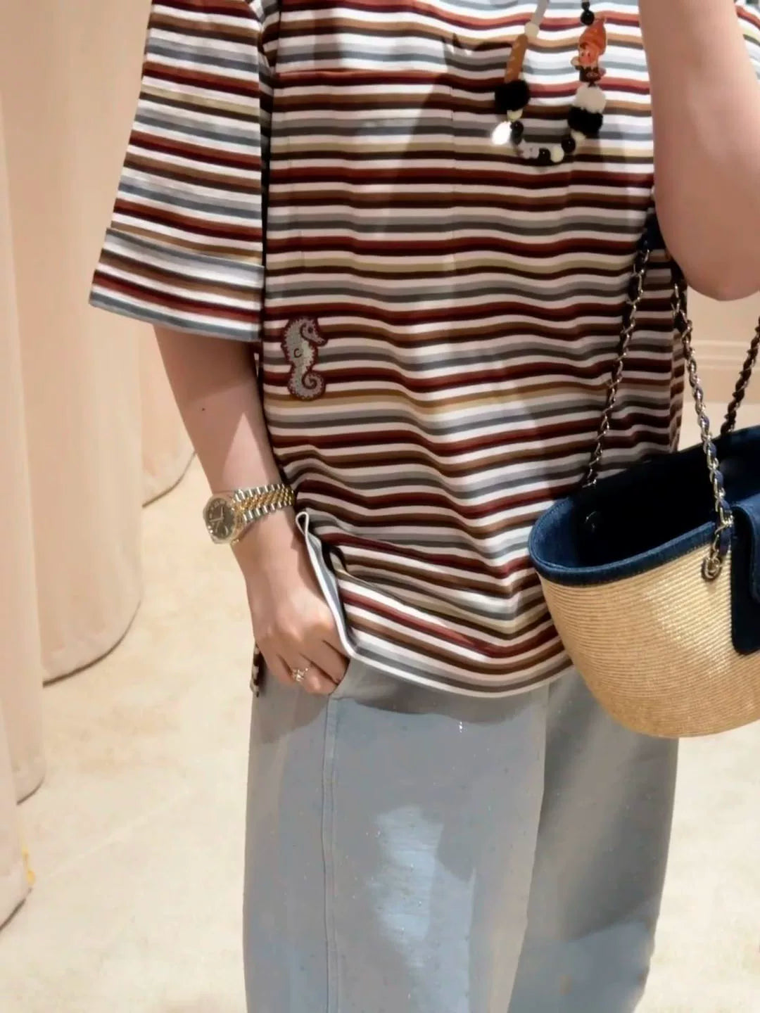 Spring and summer 26ss June, Nanyou 2026 spring and summer new hippocampus embroidery pocket design loose round neck casual soft T-shirt short-sleeved top