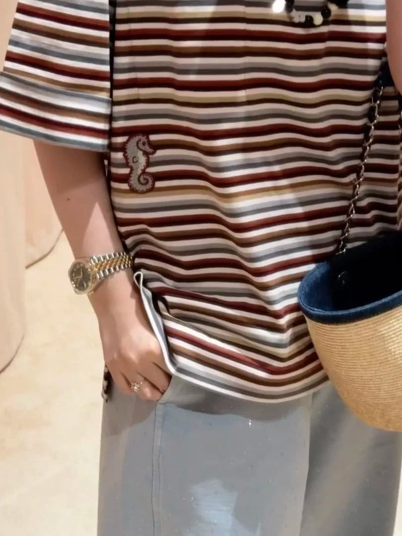 Spring and summer 26ss June, Nanyou 2026 spring and summer new hippocampus embroidery pocket design loose round neck casual soft T-shirt short-sleeved top