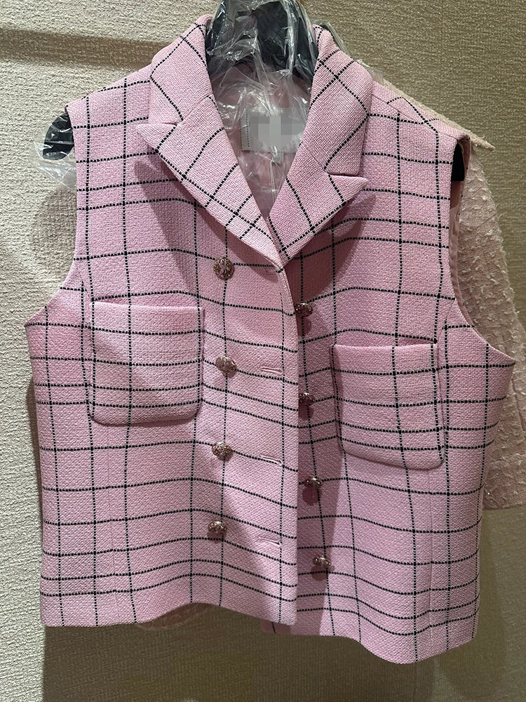 Jacket Women's Spring and Summer Thin Wool Commuter Suit Collar Double-breasted Plaid Vest Celebrity Temperament Sleeveless Vest