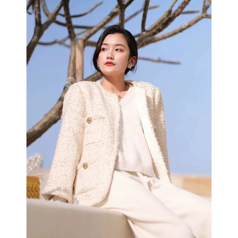 Black gold coat, socialite spring new Chen Weiting wool thickened loose padded coarse tweed top