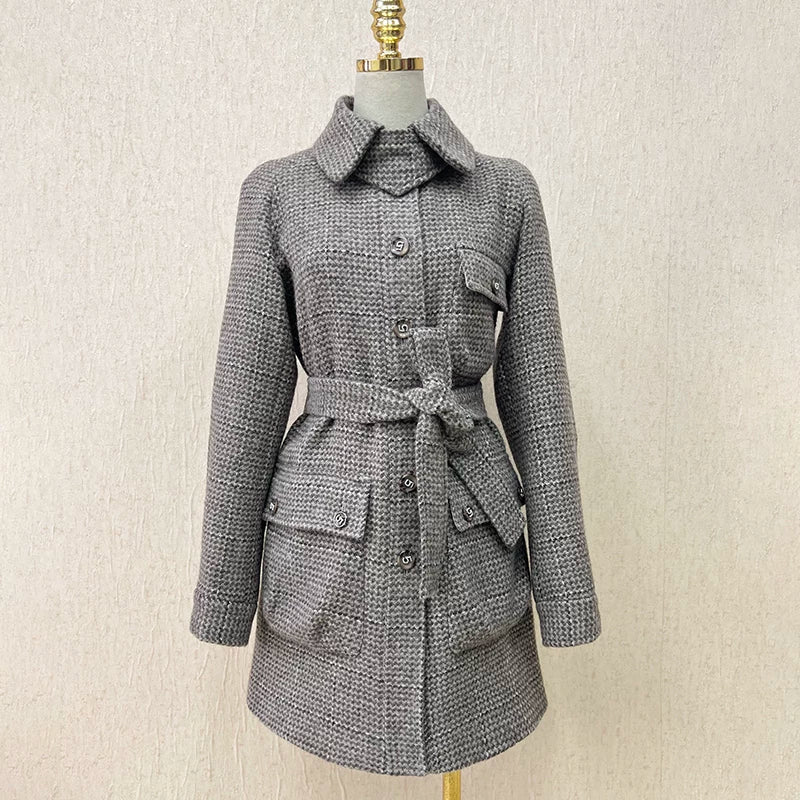 Autumn and winter new coat women's lapel belt gray wool tweed jacket medium and long coat