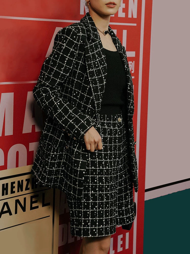 Superior suit jacket casual wide-leg pants women's medium pants five-point pants wool tweed sequin suit