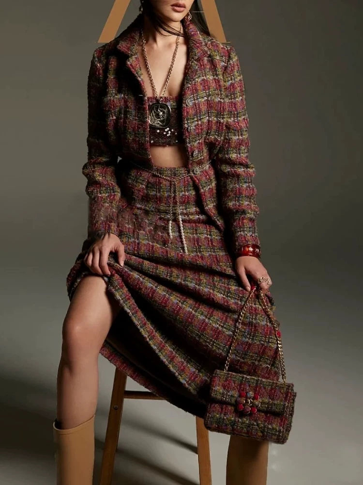 Autumn and winter new wool blended color tweed set, coat skirt, women's long high waist and thin two-piece set