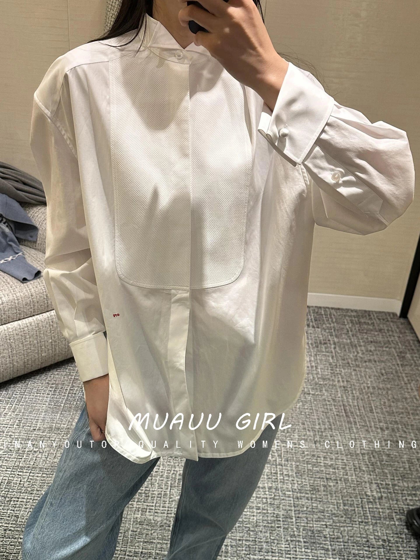 Spring/Summer 26ss June MUAUU GIRL Stylish and Refined! 26SS small stand-collar metal chain detail button decorated long shirt
