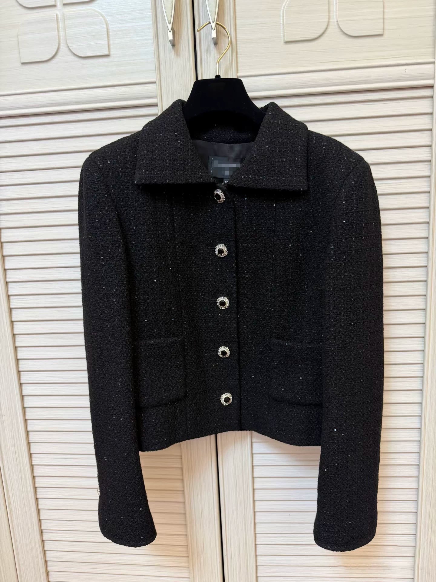 Light luxury black sequined suit women's wool tweed jacket skirt two-piece set celebrity elegance