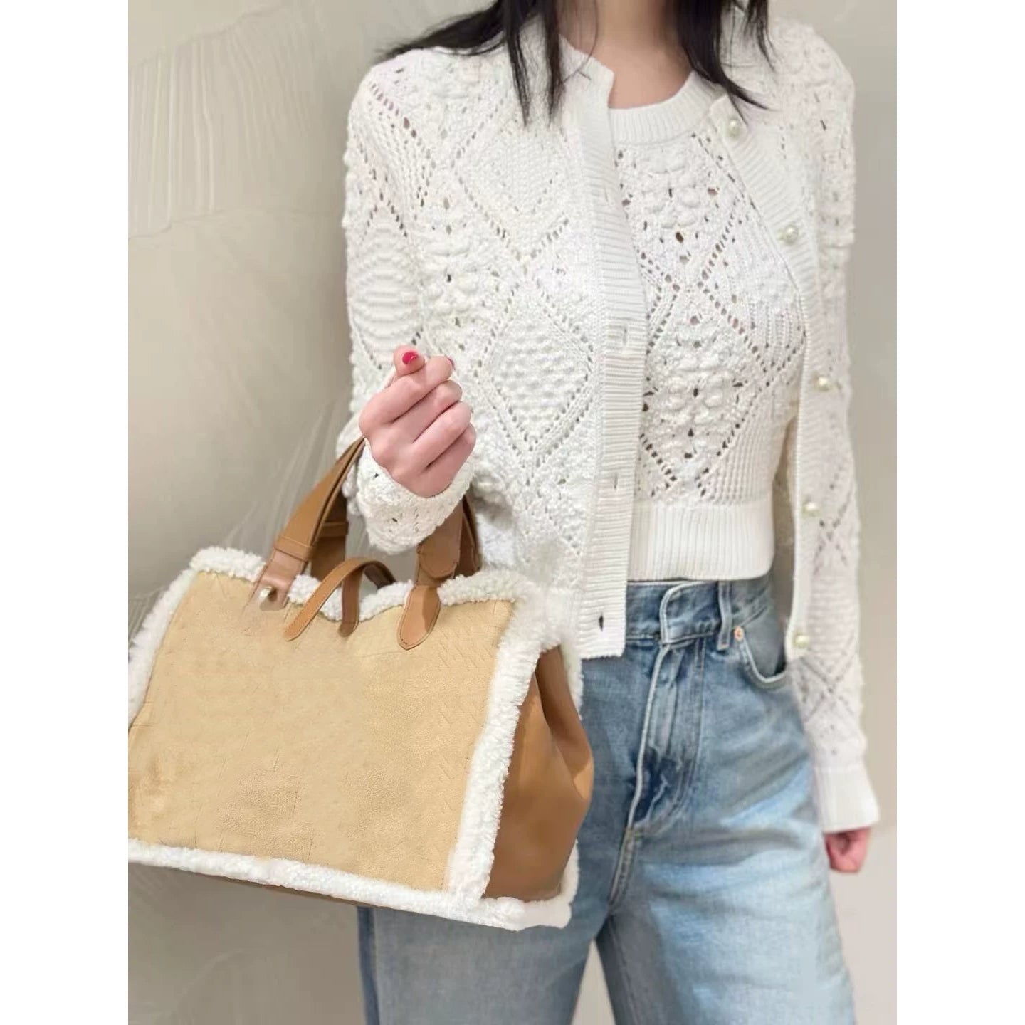 2025 autumn and winter French senior heavy industry handmade rhombus pattern hollow crochet crew neck knitted pullover cardigan jacket women