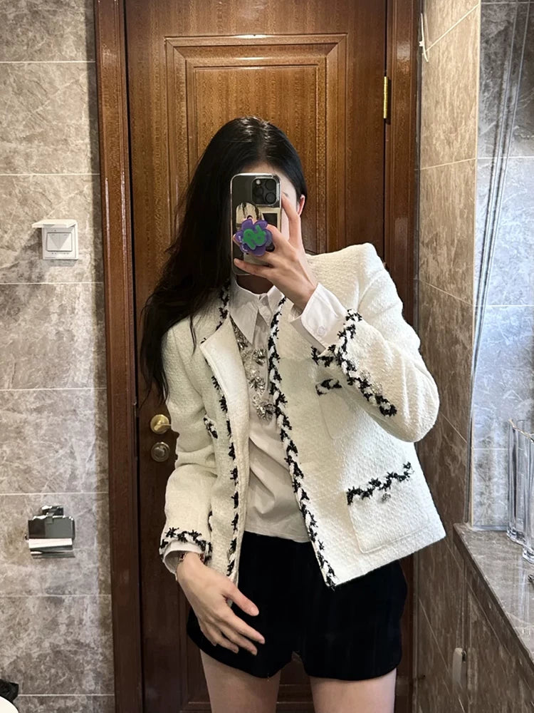 Delicate small trimmed jacket women's short celebrity high-end tweed versatile beige top