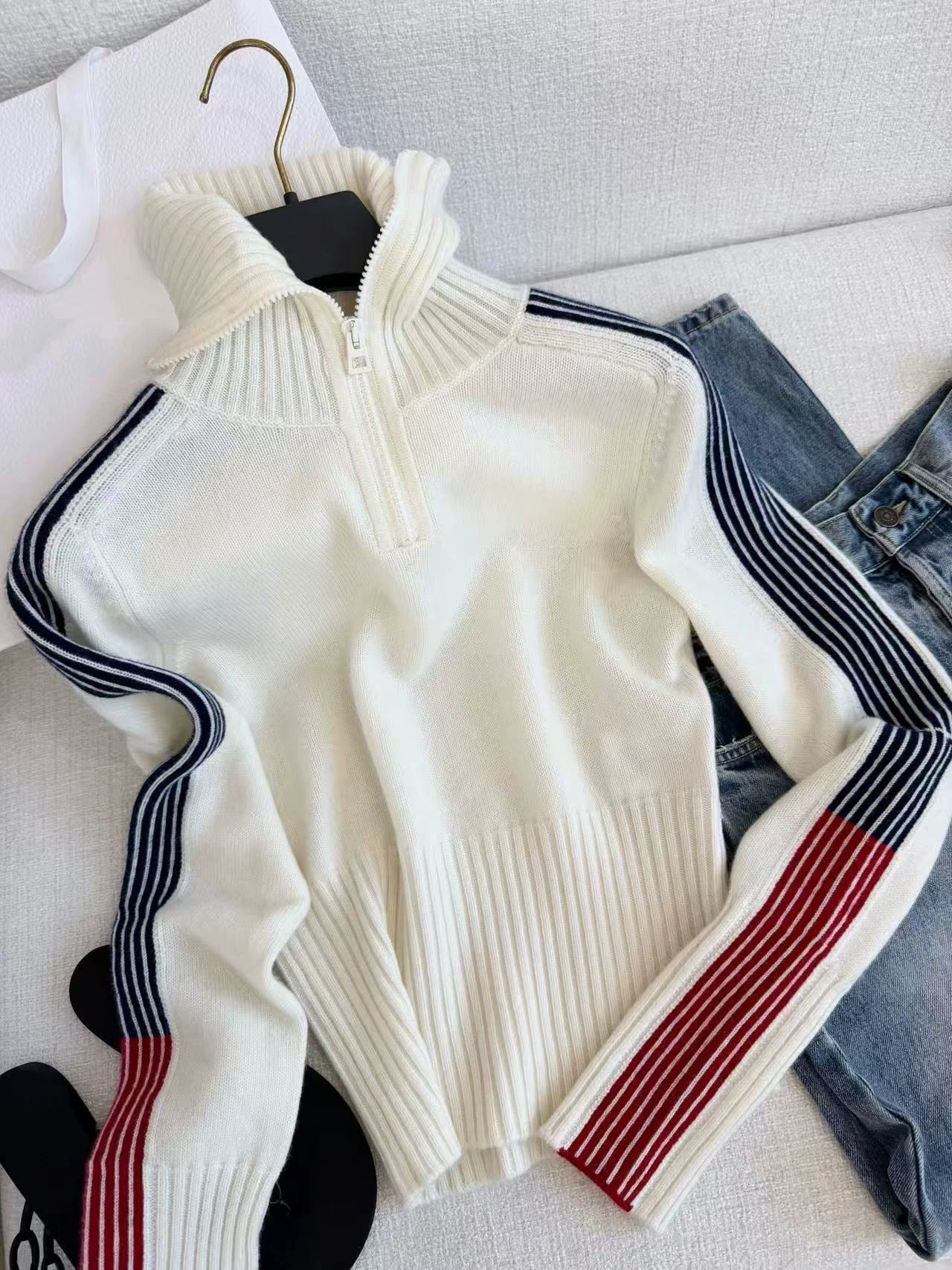 2025 autumn and winter letter five-pointed star letter jacquard half-open neck slim-fitting thin cashmere zipper knitted cardigan top