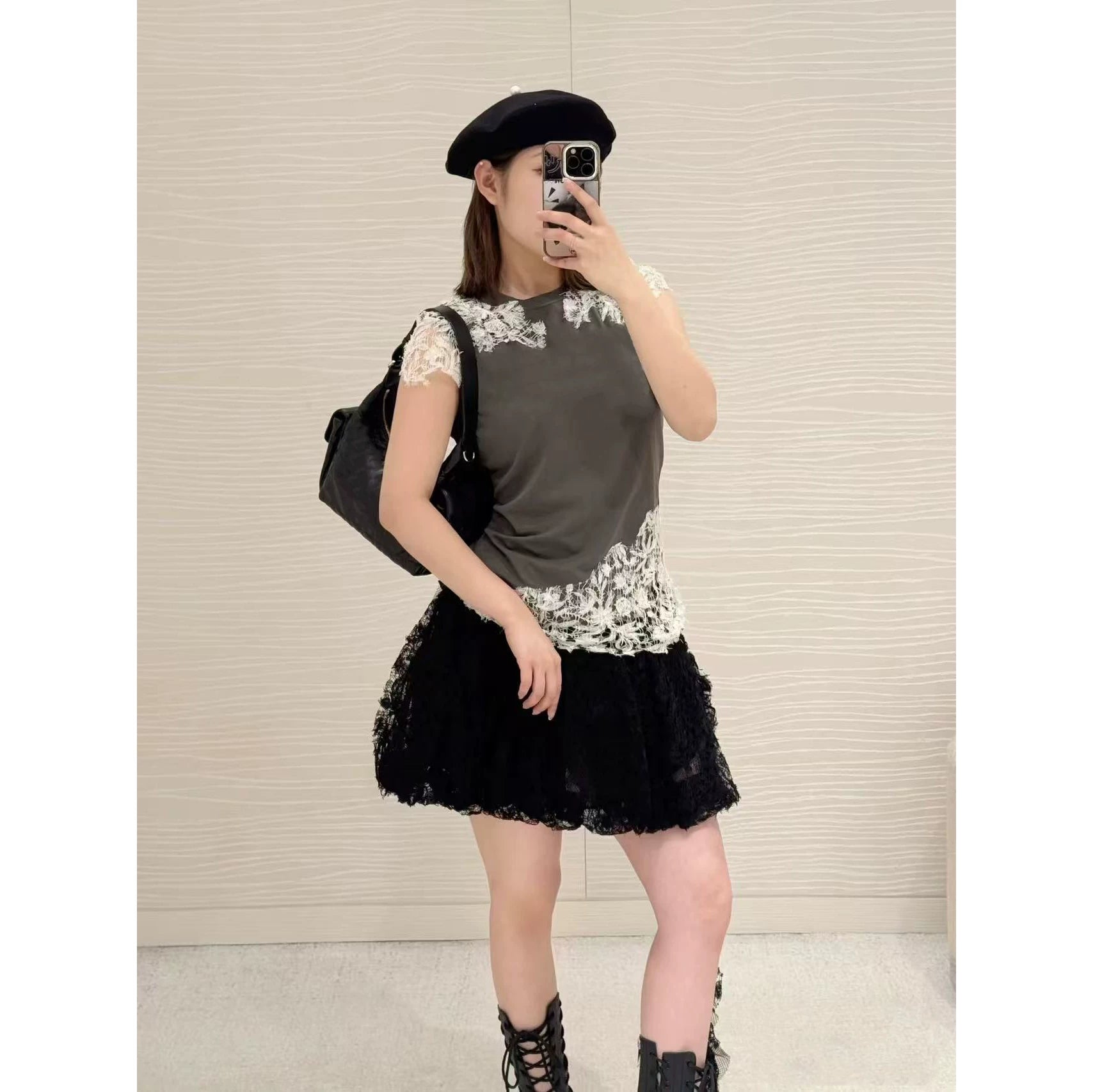 2025 autumn and winter heavy industry design high-grade lace asymmetrical splicing slim-fitting sleeveless vest T-shirt top women