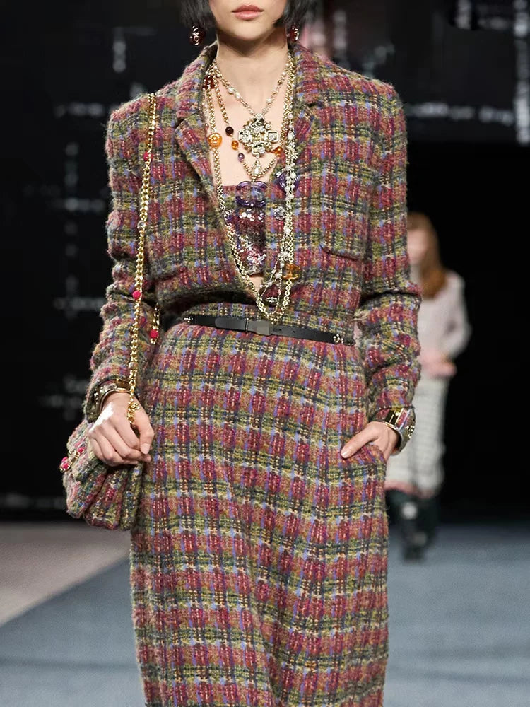 Autumn and winter new wool blended color tweed set, coat skirt, women's long high waist and thin two-piece set